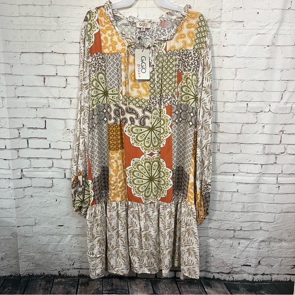 Gigio Dresses & Skirts - GiGio Ruffle Patchwork Fall Dress Plus Size 1X New Boutique NWT Green Yellow Brn